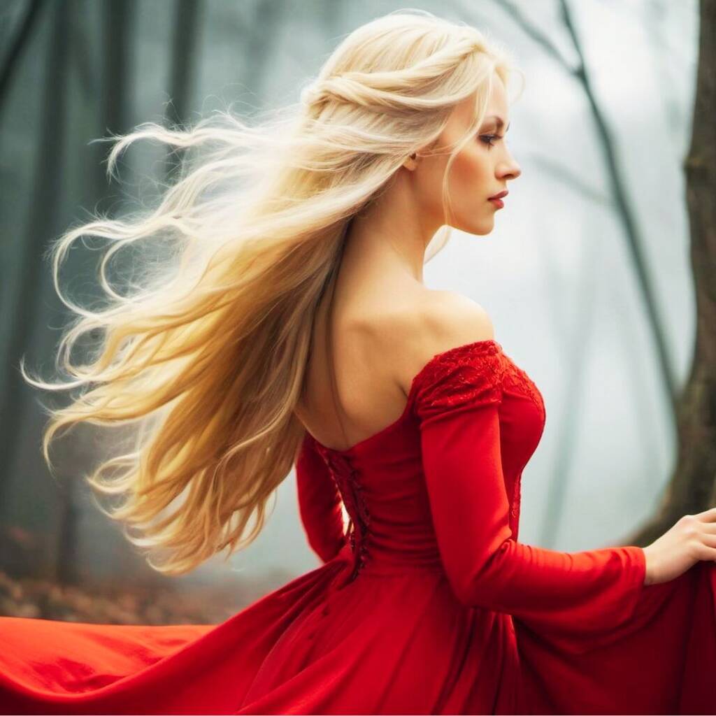 Give yourself some grace today. Blonde girl with red dress