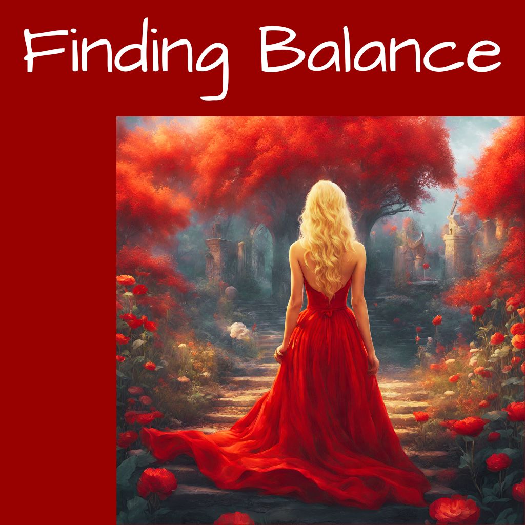 finding balance blonde girl with red dress in a red flowers garden