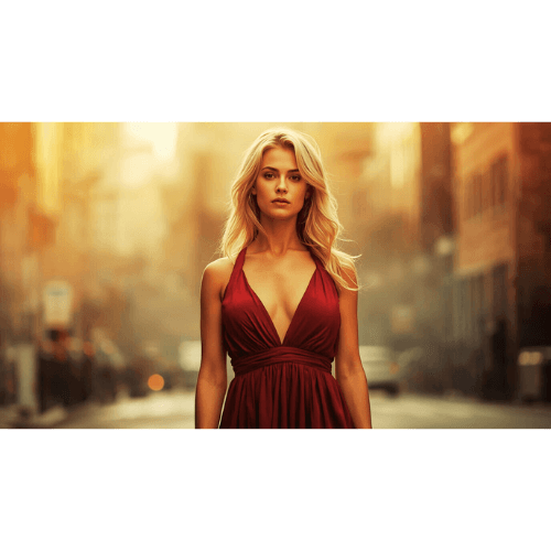 A blonde woman standing confidently in an urban setting, wearing a flowing deep red (#990000) dress that symbolizes strength and self-love. The background is softly blurred — a mix of city textures and warm light, suggesting awareness and transformation. Her expression is calm but powerful, as if she has just realized her own freedom. Cinematic lighting, high contrast, slightly desaturated tones