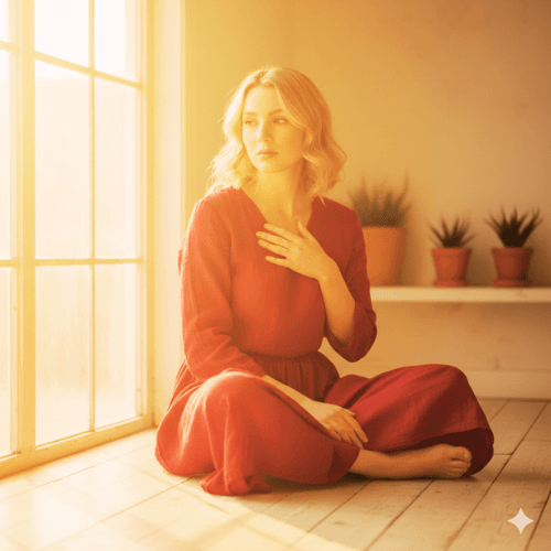 A serene, introspective young blonde woman wearing a red dress sits on a wooden floor by a large window, bathed in warm natural light. She looks calm yet thoughtful, one hand resting on her heart. The atmosphere feels intimate and soulful — symbolizing emotional healing, nervous system regulation, and self-awareness. Minimalist, soft-focus, editorial style.