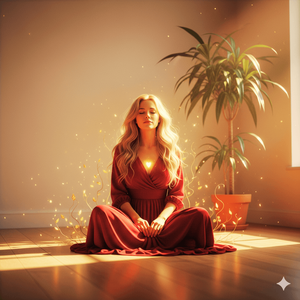 A serene, emotionally uplifting scene of a woman sitting alone in a sunlit room, transitioning from loneliness to inner strength. Soft natural light, warm tones, symbolic elements of growth and healing, subtle spiritual aesthetic, cinematic realism, gentle shadows, peaceful expression, theme of self-love and empowerment.