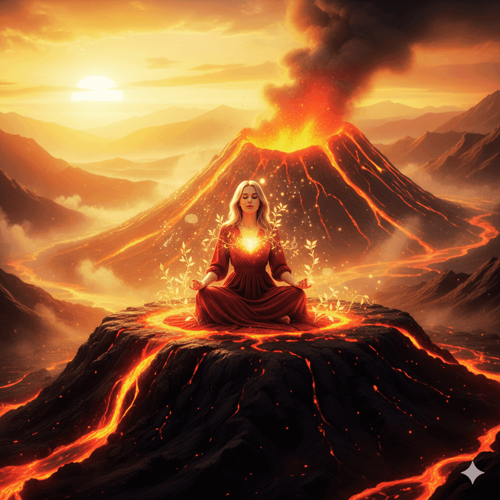 A serene woman sitting on the top of a volcano representing her poor choices