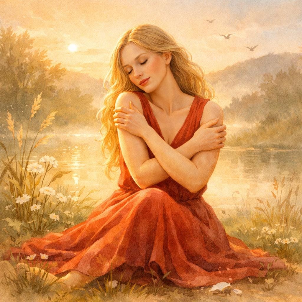 A woman sitting in nature, gently embracing herself, symbolizing self-love, mindfulness, and the concept of Meet yourself where you are