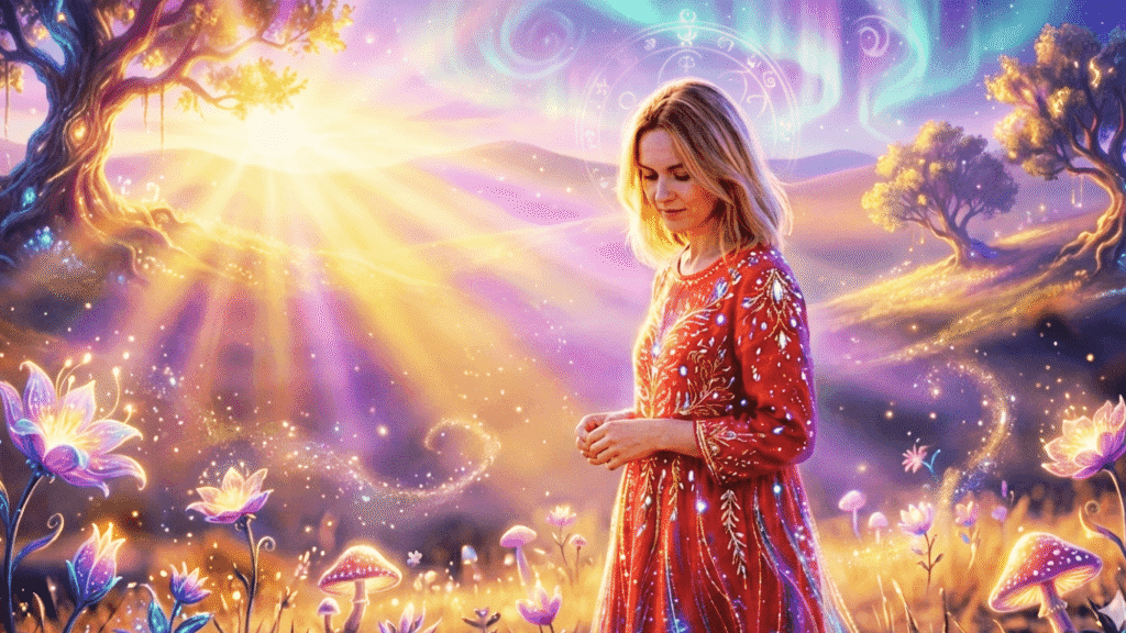 Woman in a red dress standing alone in soft natural light, symbolizing emotional healing, self-love, and inner strength after betrayal