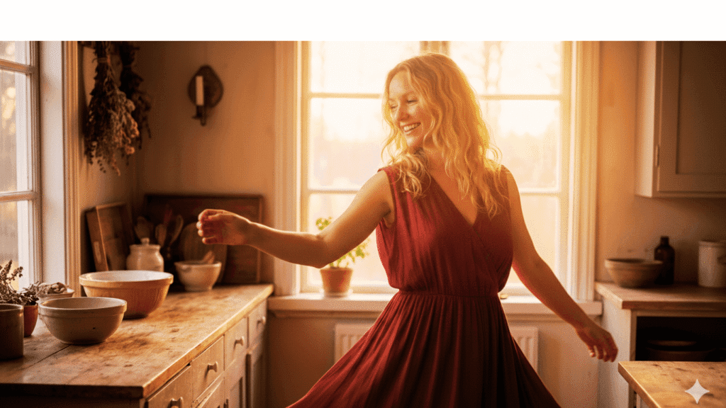 Woman dancing alone in a kitchen, symbolizing rediscovering self-identity and learning how to love without losing myself