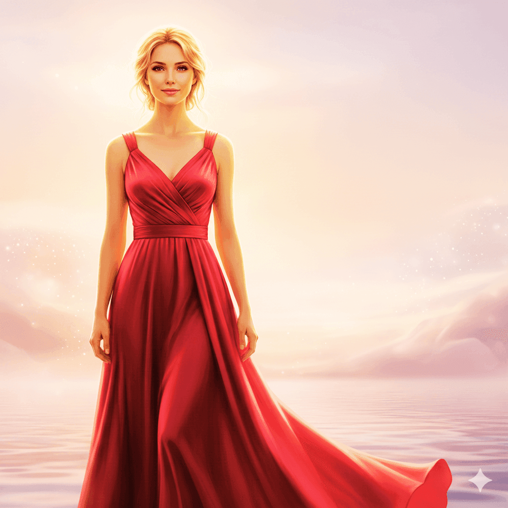 A radiant blonde woman wearing an elegant red dress, standing with confidence and serenity. Warm natural light, soft modern background, symbolizing transformation, self-love, nervous system healing, and new beginnings.