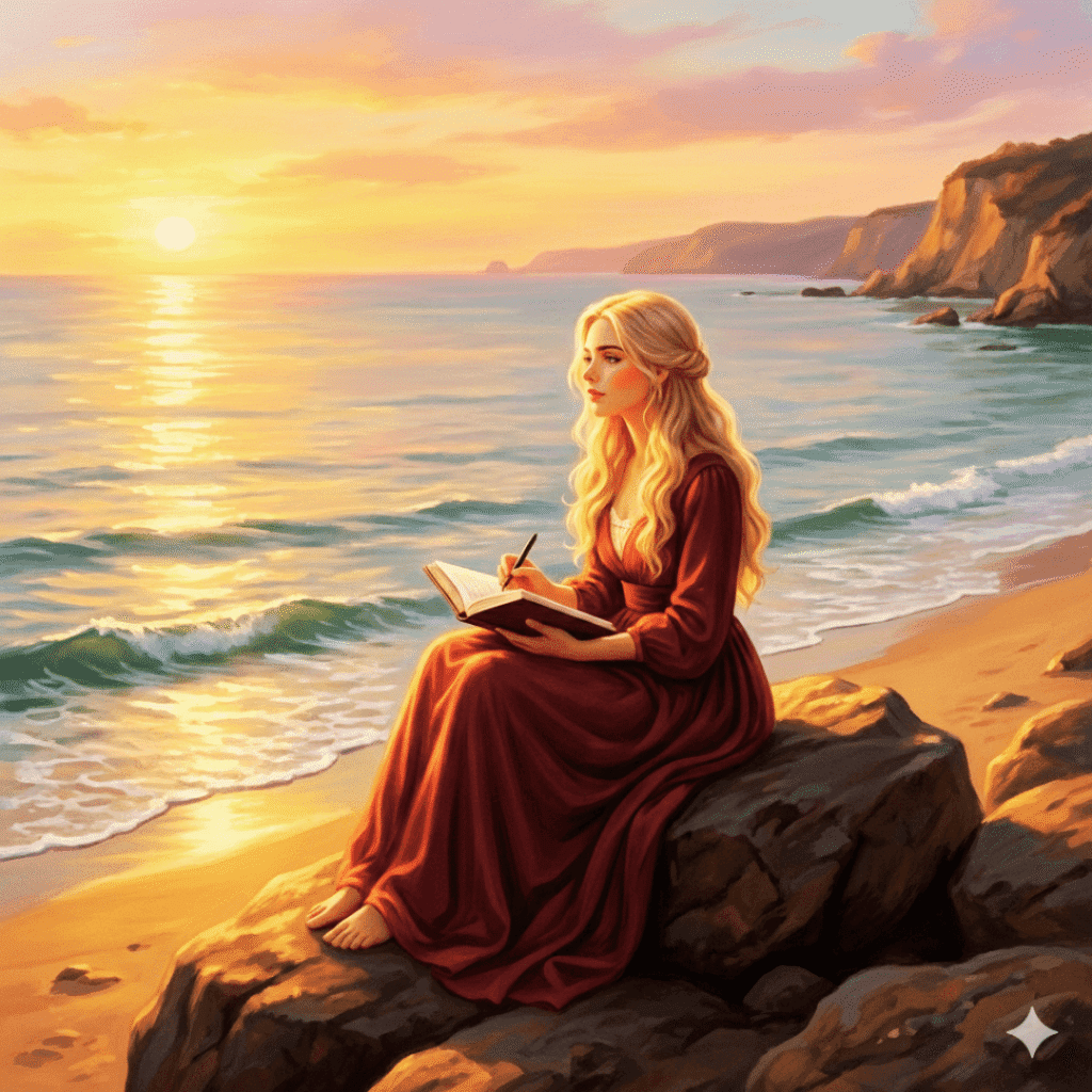 A serene woman in a red dress sitting by the ocean learning to know yourself