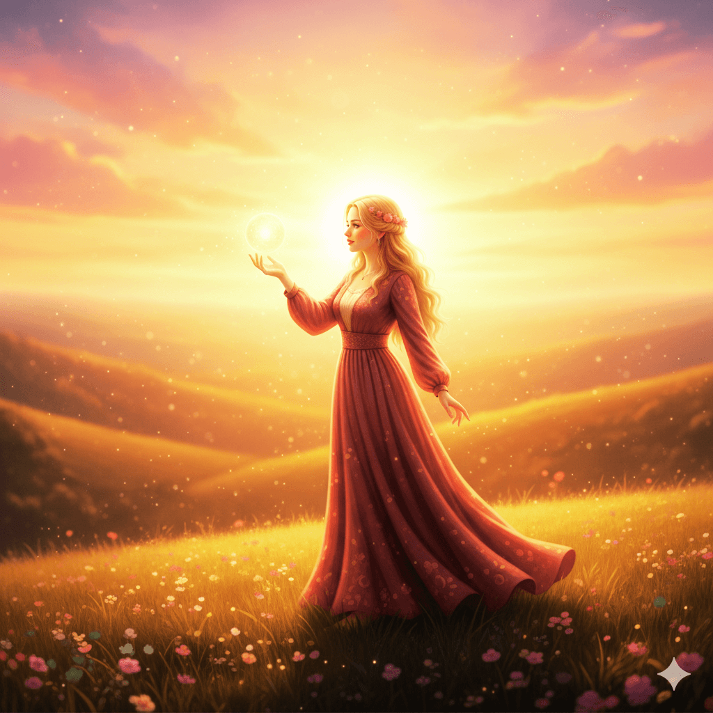 serene, softly lit scene featuring a blonde woman in her mid-20s wearing a flowing red dress, standing on a quiet hill during golden hour. She looks calm, reflective, and empowered, symbolizing self-trust and emotional healing. The background shows gentle sunlight, warm tones, and a peaceful landscape