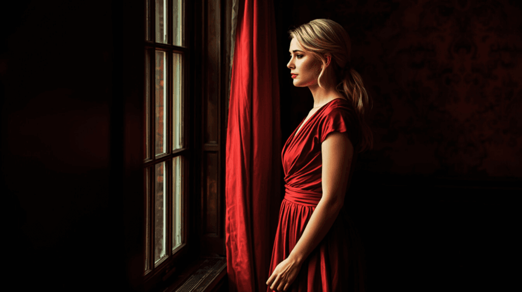 Blonde woman in a red dress standing alone by a window, symbolizing the emotional burden of the caregiver and the quiet weight of holding everything together.