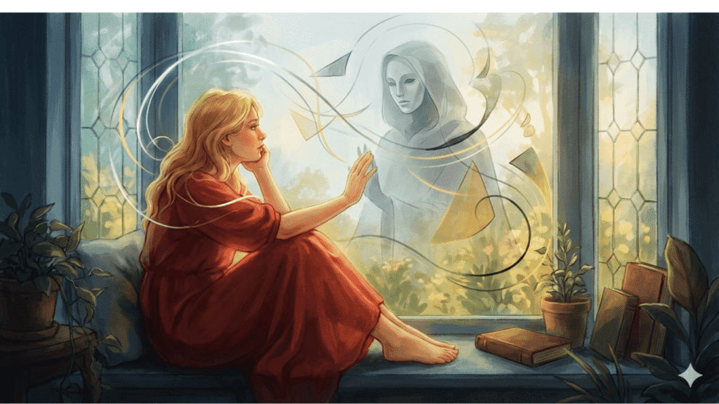 Blonde woman in red reflecting on her thoughts, representing the inner critic and the journey to self-compassion and introspection.