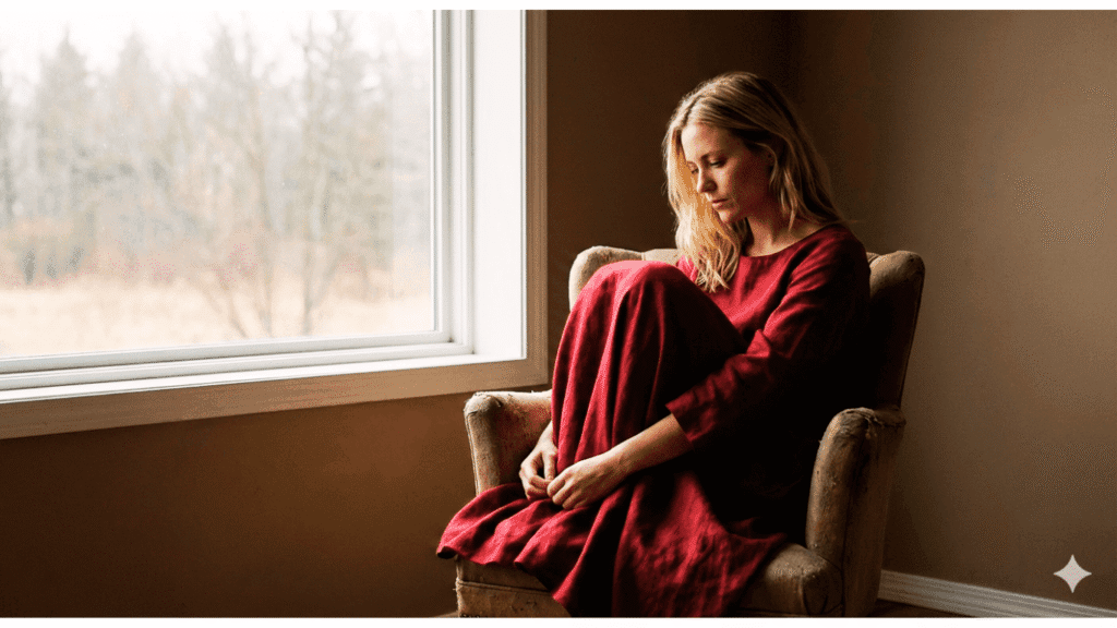 Blonde woman in a red dress sitting quietly by a window in soft natural light, reflecting on why most New Year resolutions don’t work.