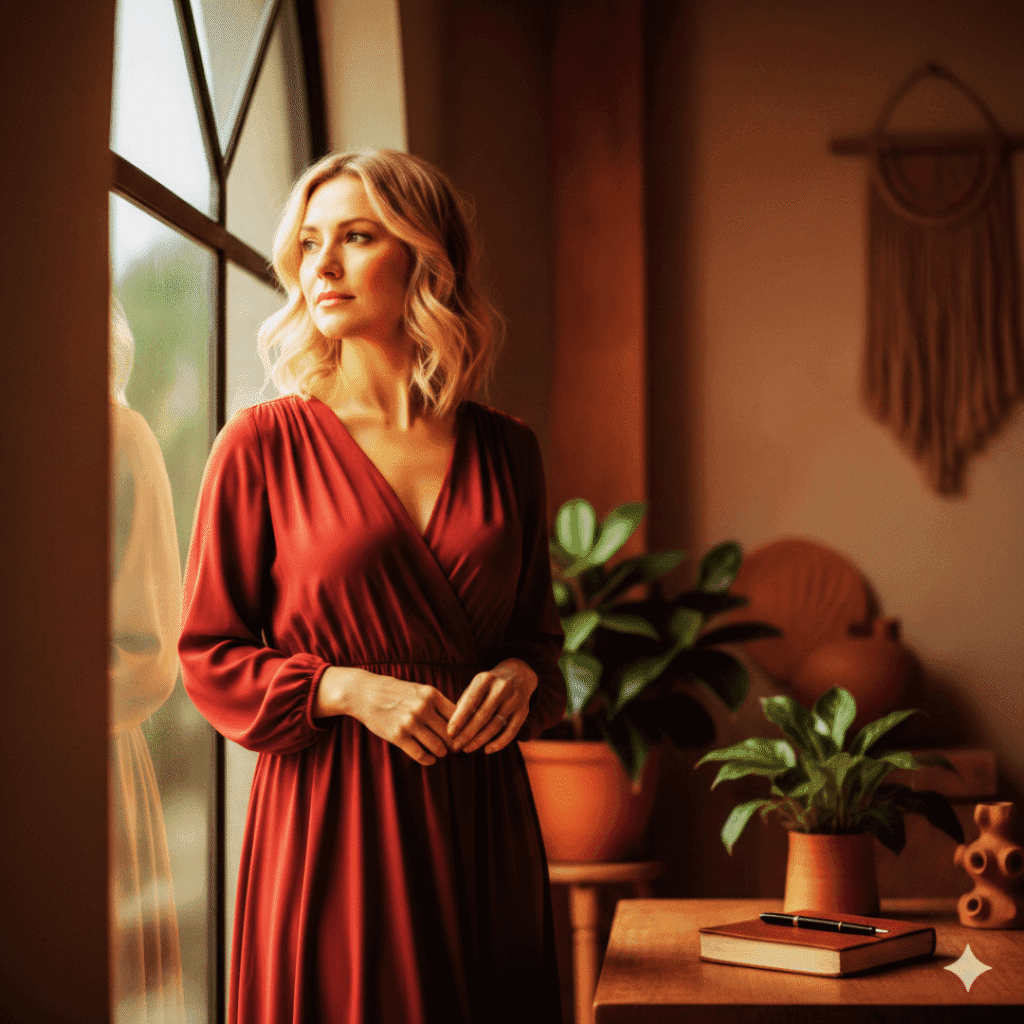 Blonde woman in red reflecting on New Year resolutions and shifting from achievement to self-relationship