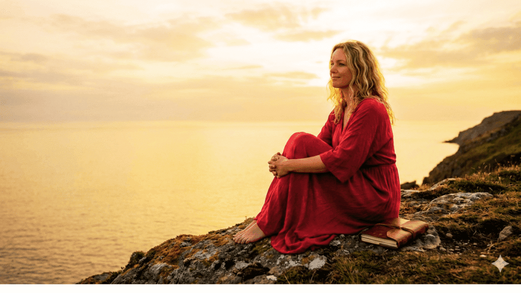 Person sitting alone on a cliff at sunset, reflecting and finding peace, symbolizing self-love and healing after heartbreak, illustrating how to stop loving someone.