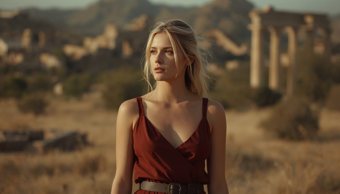 A woman in a deep red dress standing among ancient ruins — looking outward, discovering herself through the world around her.