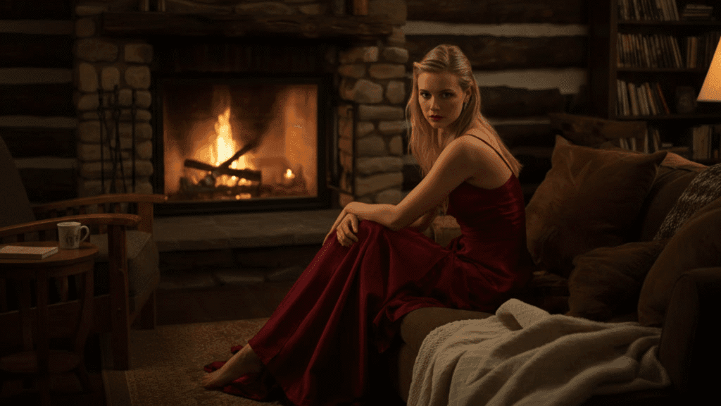 A woman in a deep red dress sitting by a fireplace in a cozy cabin — inhabiting herself, present and still