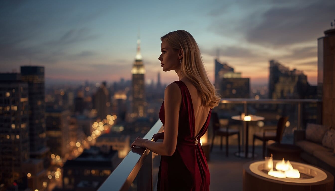A woman in a deep red dress on a rooftop terrace, looking at the city horizon — intentional, expansive, creating the life she loves.