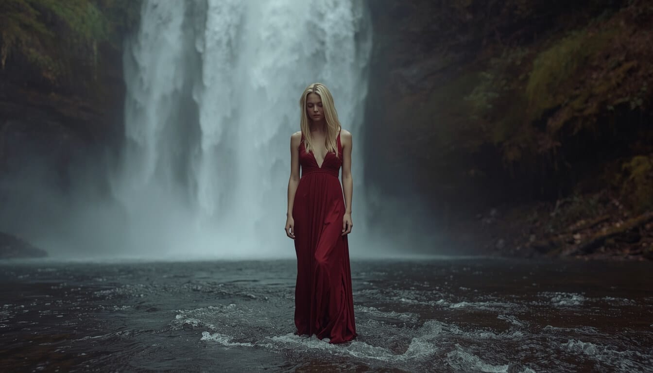 A woman in a deep red dress standing in flowing water before a waterfall — still, releasing, healing.
